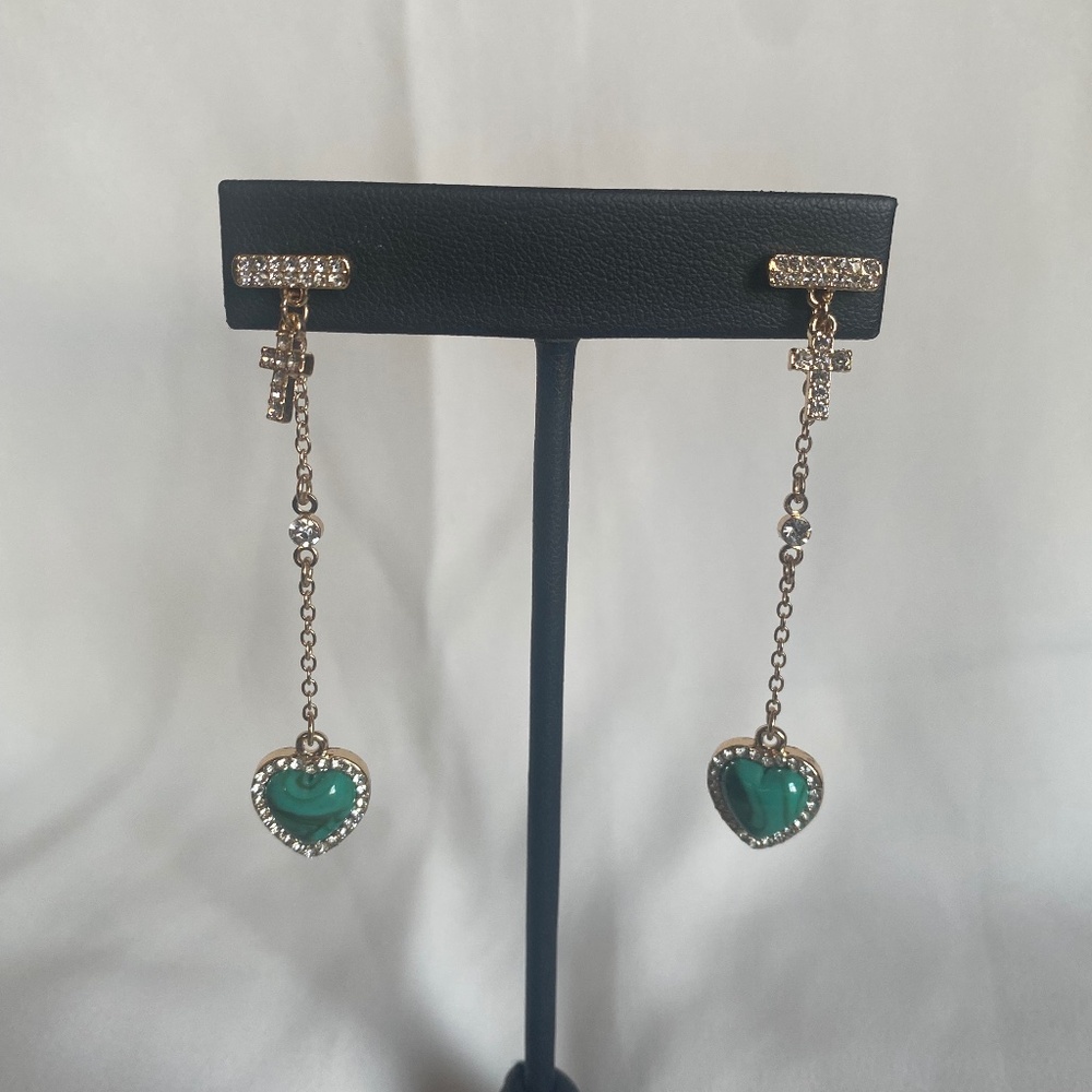 Chain earrings with Dangle turquoise heart and a cross